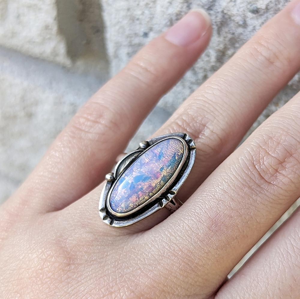 Vintage oval sterling silver 925 faux pink and blue opal ring Native American - Picture 2 of 8